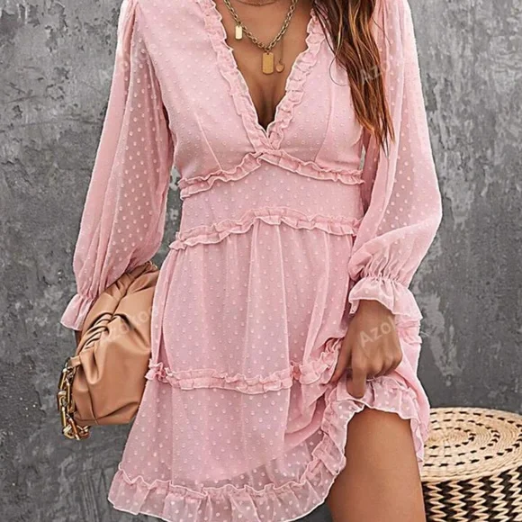 Dusty Pink Swiss Dot Mini Dress with Ruffles – Size Large - Picture 3 of 15